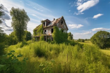 Fototapeta premium abandoned farmhouse surrounded by overgrown vegetation, with a view of the surrounding landscape, created with generative ai