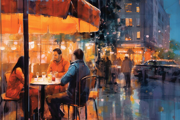 Watercolor modern painting: A company of people sit at cafe tables in the evening. Lighting with electric light. generative AI