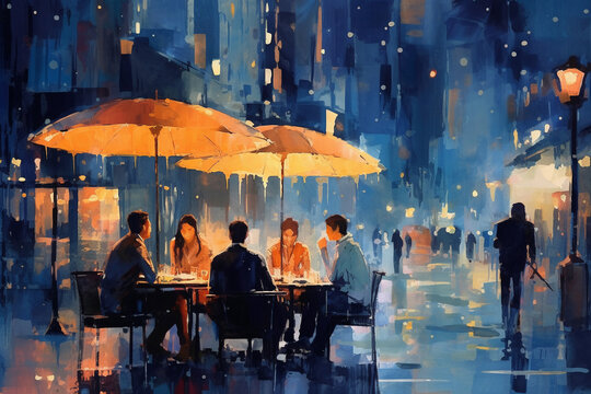 Watercolor modern painting: A company of people sit at cafe tables in the evening. Lighting with electric light. generative AI