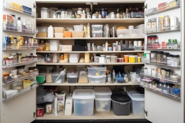 cleaning supply closet, with supplies neatly organized and labeled, created with generative ai