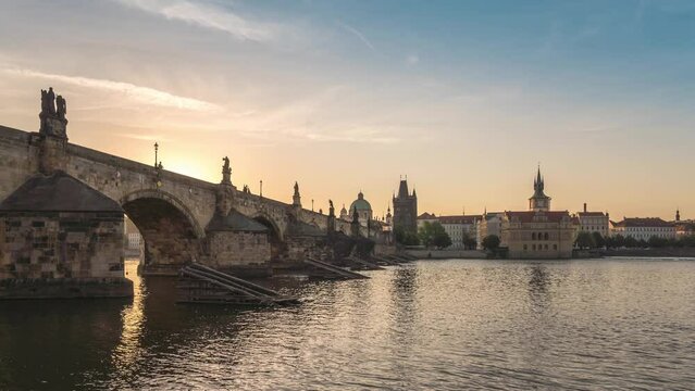 Prague Czechia Czech Republic time lapse 4K, city skyline sunrise timelapse at Charles Bridge and Prague old town