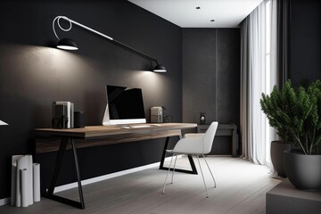 minimalist home office with sleek desk, simple lighting and contemporary decor, created with generative ai