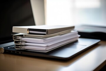Fototapeta premium close-up of laptop with files and papers on desk, created with generative ai