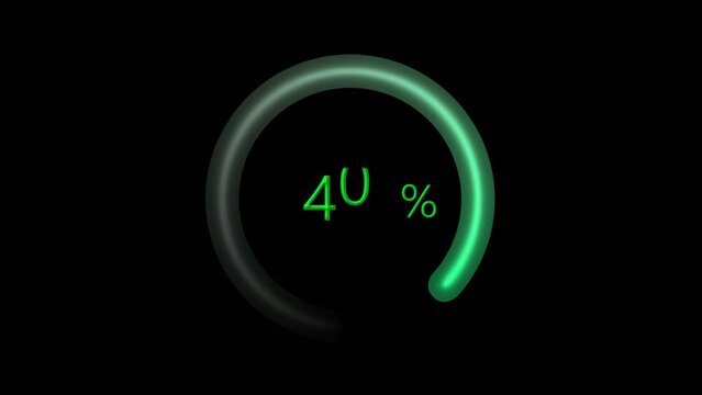 Animation of a rotating loading circle. Waiting for download with countdown clock face. Green circle on a black isolated background. Digital countdown from zero to one hundred