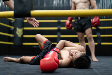 Unconscious Asian boxer lay on floor referee counting down knockout in the ring at fitness gym. Boxing is fighter sport training need body muscular strength, power fist and sweating to become champion