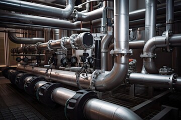 close-up of geothermal energy conversion system, with pipes and valves visible, created with generative ai