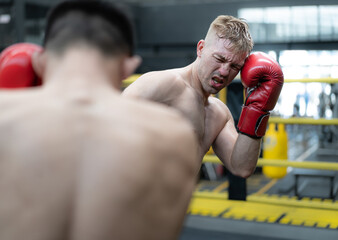 Two male athlete boxing competition in ring. Diverse ethnic men kick fighting in kickboxing exercise in fitness gym. Boxing is fighter sport training need body strength and power fist to knockout.
