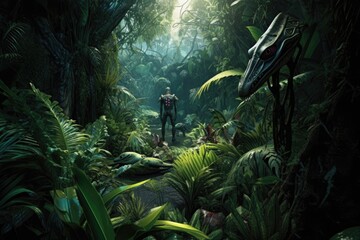 Fototapeta na wymiar alien exploring lush jungle, surrounded by exotic wildlife, created with generative ai