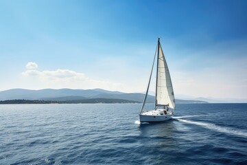 Fototapeta premium sailing boat, with person at the helm, sailing on azure sea, created with generative ai