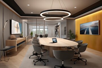 virtual conferenceroom with sleek and modern design, featuring advanced audio-visual equipment, created with generative ai