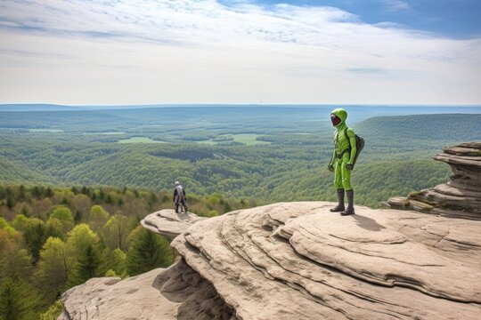alien hiker climbing rocky cliff trail, with stunning view at the top, created with generative ai