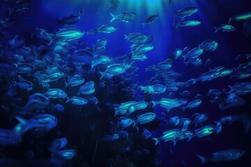 Fototapeta na wymiar school of fish swimming in a neon blue underwater world, created with generative ai