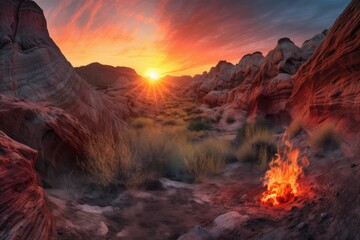 ethereal sunrise, illuminating fiery canyon landscape, created with generative ai