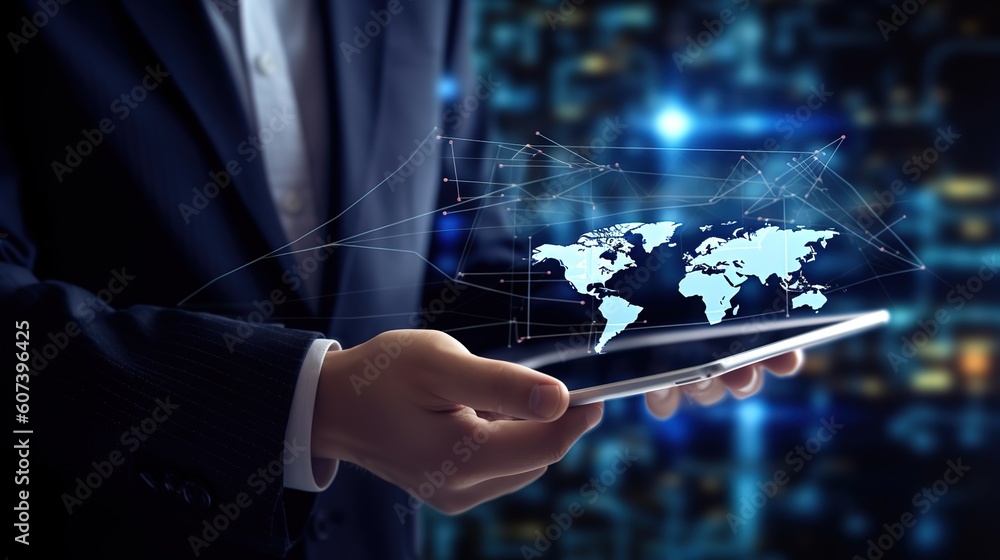 Poster Close up of casual man or freelancer working on laptop computer and holding mobile smart phone with reflection on blank screen.Generative AI