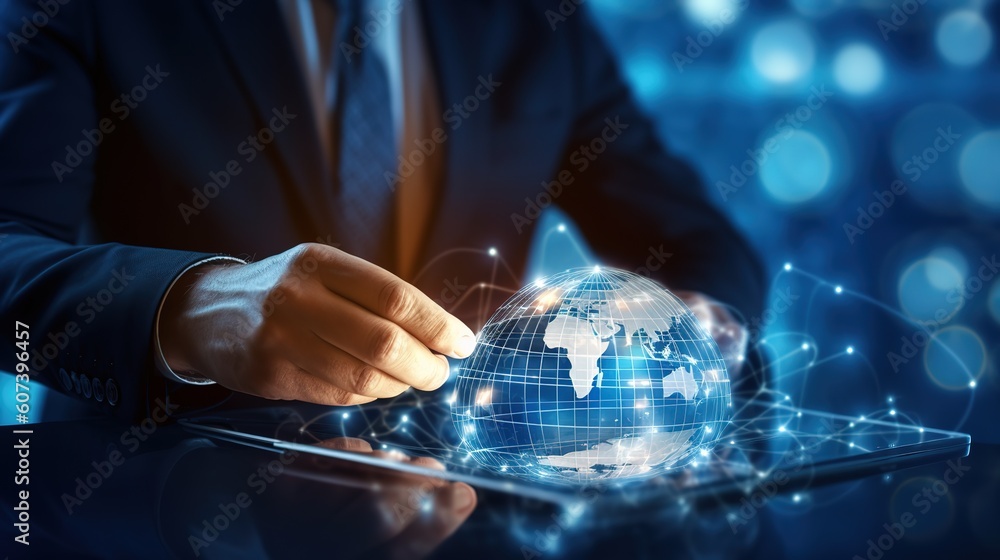 Poster close up of casual man or freelancer working on laptop computer and holding mobile smart phone with 