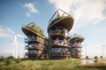 eco-friendly hotel with solar panels, wind turbines and recycled materials, created with generative ai