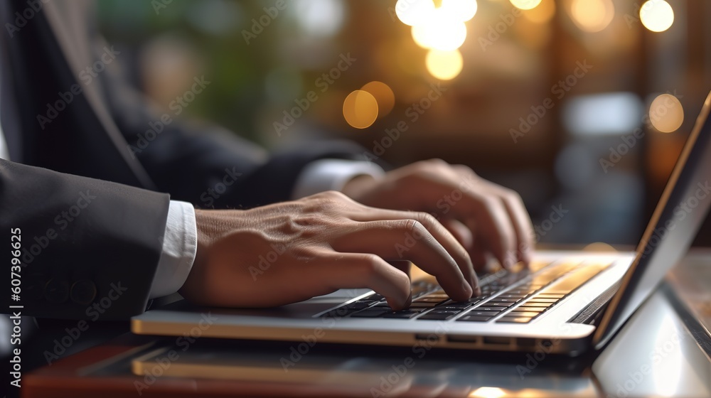 Poster businessman working at a laptop computer, close-up.generative ai