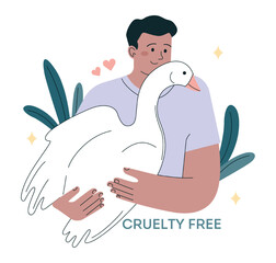 Man holding a cute duck or goose. Male character taking care of domestic