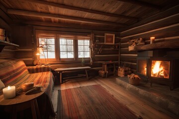 Fototapeta na wymiar cozy cabin retreat with warm fire and blankets for snuggling, created with generative ai