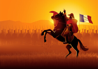 Napoleon on horseback leading his army on battlefield - obrazy, fototapety, plakaty