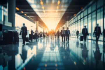 Blurred background with sitting people in business suits in a glass concrete skyscraper office. Generative AI.