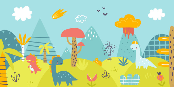 Cute jurassic landscape with funny dinosaurs. Scandinavian print with prehistorical panorama for baby wall art.