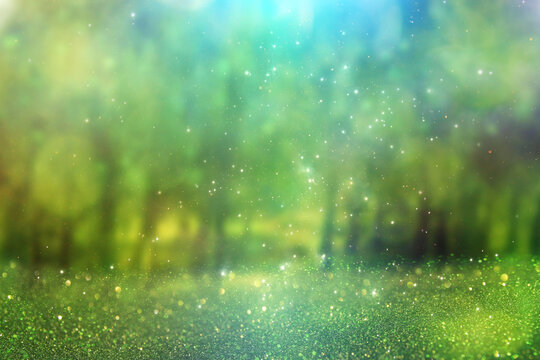 Abstract background of bright green lights in the forest, eco and magical concept © tomertu