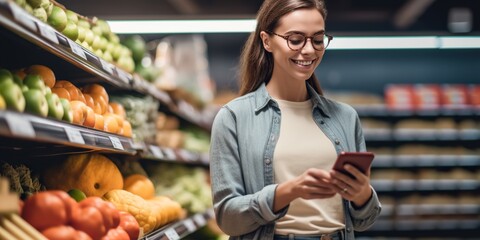 Woman stand in front of grocery store with full shopping cart, checking her grocery list on mobile budgeting app, concept of Budgeting Techniques, created with Generative AI technology - obrazy, fototapety, plakaty
