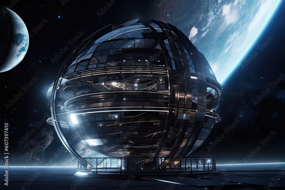 Wall mural futuristic observatory, with planet and stars in the background, for immersive experience of space, 
