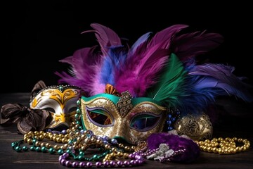 mardi gras card with masks, feather boas and beads, created with generative ai