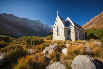 peaceful chapel, surrounded by towering mountains and clear blue skies, created with generative ai