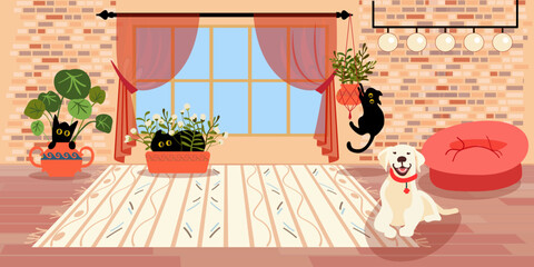 Golden Retriever on a wooden floor with a white carpet