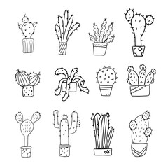 Contour set of cacti in pots. Coloring book in black and white. For the design of cards, invitations or stickers. Isolated vector
