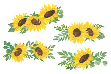 Sunflowers and leaves bouquet watercolor hand drawn floral illustration, summer field agricultural plant, flower and leaf, arrangement for greeting card, wedding invitations, holiday design