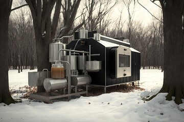 modern evaporator system, with sleek and efficient design, collecting the sweet sap from maple trees, created with generative ai