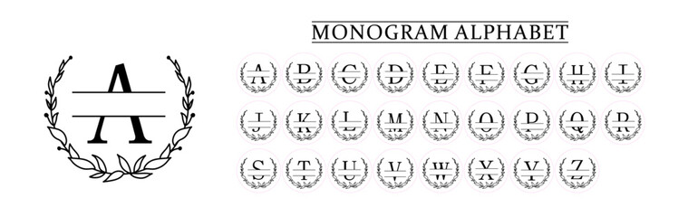 Monogram Alphabet and Floral Motifs, Vector Cricut File, Monogram Stickers with Cutting Lines, Monogram Letters With Floral Frames  