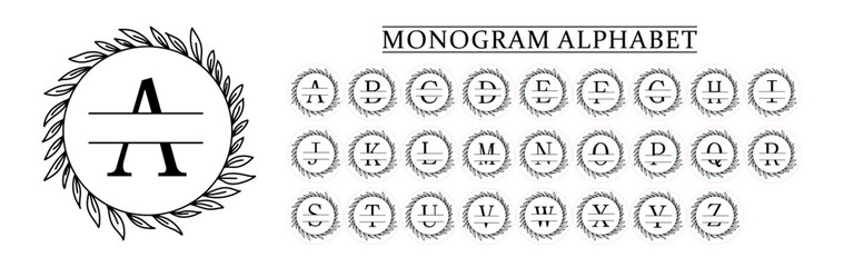 Monogram Alphabet and Floral Motifs, Vector Cricut File, Monogram Stickers with Cutting Lines, Monogram Letters With Floral Frames  