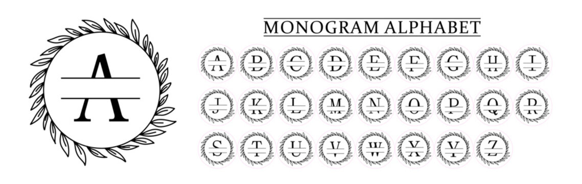 Monogram Alphabet and Floral Motifs, Vector Cricut File, Monogram Stickers with Cutting Lines, Monogram Letters With Floral Frames  