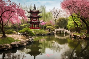peaceful china pagoda garden with blooming cherry blossoms and koi pond, created with generative ai
