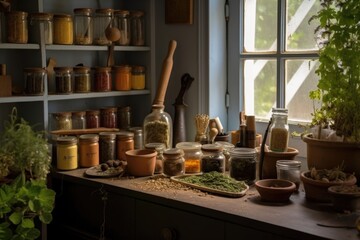 Obraz na płótnie Canvas a kitchen with a variety of herbs and spices for cooking, created with generative ai