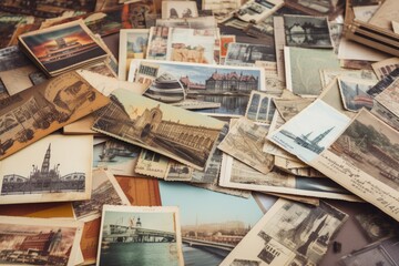 a collage of vintage travel postcards, each with its own story to tell, created with generative ai
