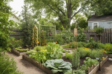 Obraz premium edible landscape garden with fruit trees, vegetables, and herbs, created with generative ai