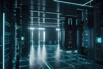 data center in futuristic sci-fi world, with floating holographic displays and artificial intelligence, created with generative ai