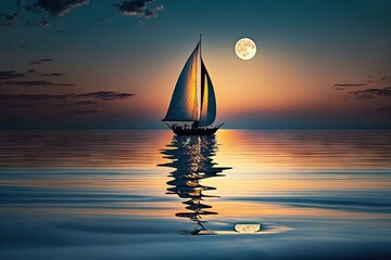 a sailboat gliding across a calm blue sea, the sun setting behind it, created with generative ai