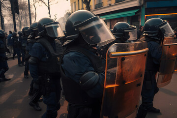 Fototapeta na wymiar Special police forces cordon at the demonstration, blocking city street protests. Generative AI.