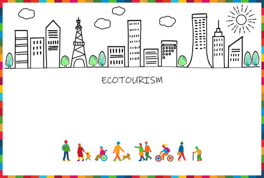 SDGs17色のエコツーリズムイメージの街並みと多様な人々