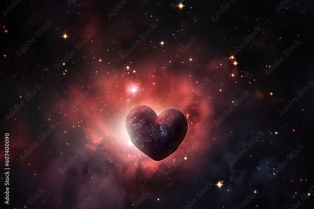 Sticker heart-shaped nebula with stars and planets in the background, created with generative ai