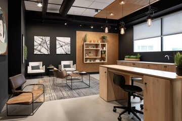 a modern office, with clean lines and natural materials, that fosters creativity, created with generative ai