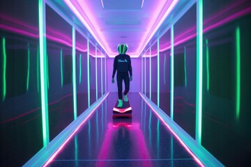 Fototapeta na wymiar alien commuter riding hoverboard down neon-lit hallway, created with generative ai