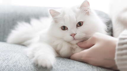 White cat being loved by its owner in couch Generative AI